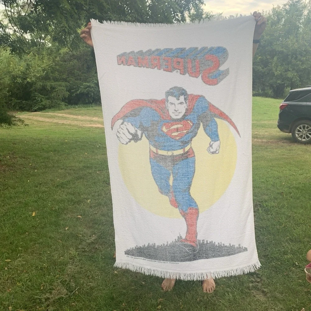 Vintage 1970s DC Comics Superman White Decorative Beach Towel 34x54 Cotton Hero